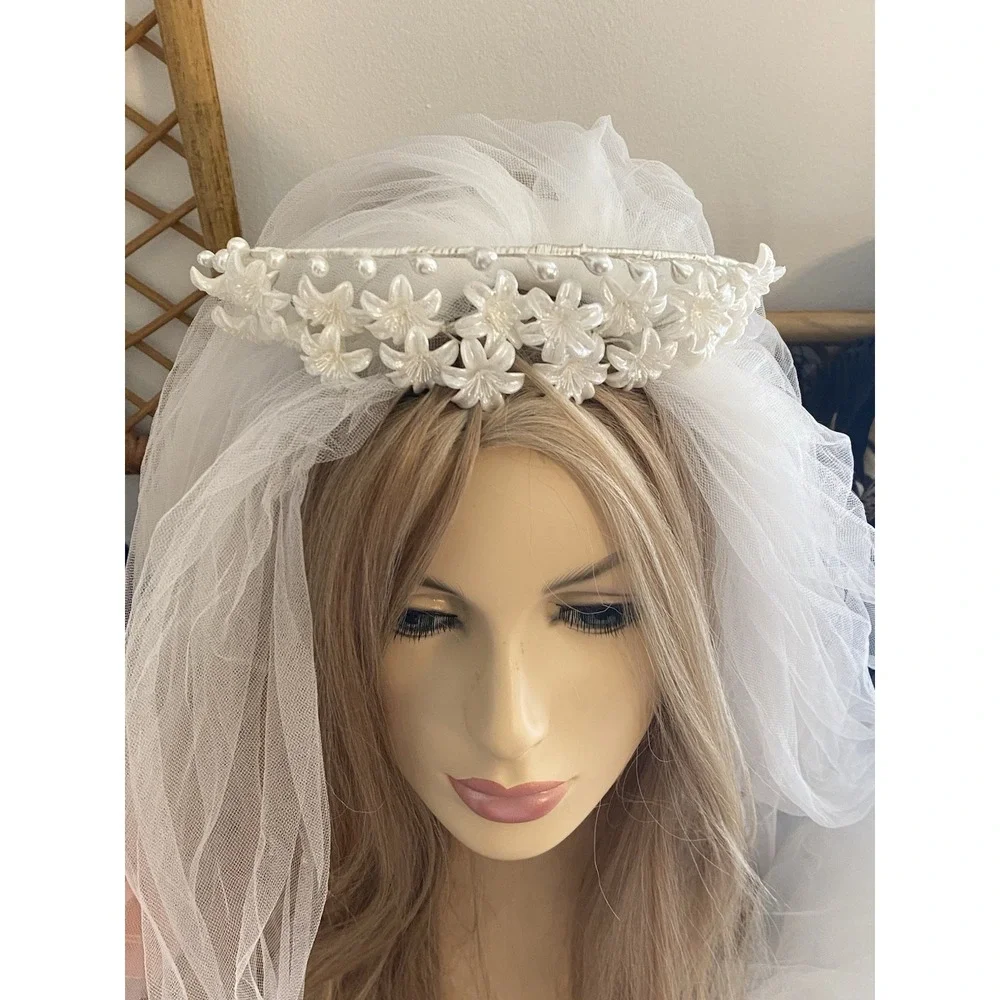Vintage Floral Beaded Pearl Embellished Wedding‎ Crown Headband Pearlescent EUC